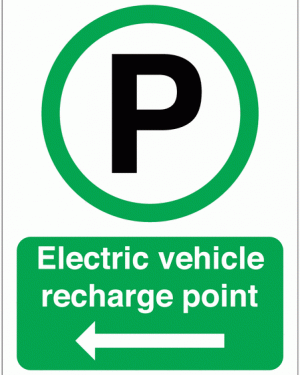 image of the Electric Vehicle Charging Car Symbol & Arrow Left Sign. Arrow to direct electric vehicles to charging facilities.