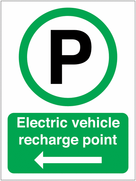 image of the Electric Vehicle Charging Car Symbol & Arrow Left Sign. Arrow to direct electric vehicles to charging facilities.